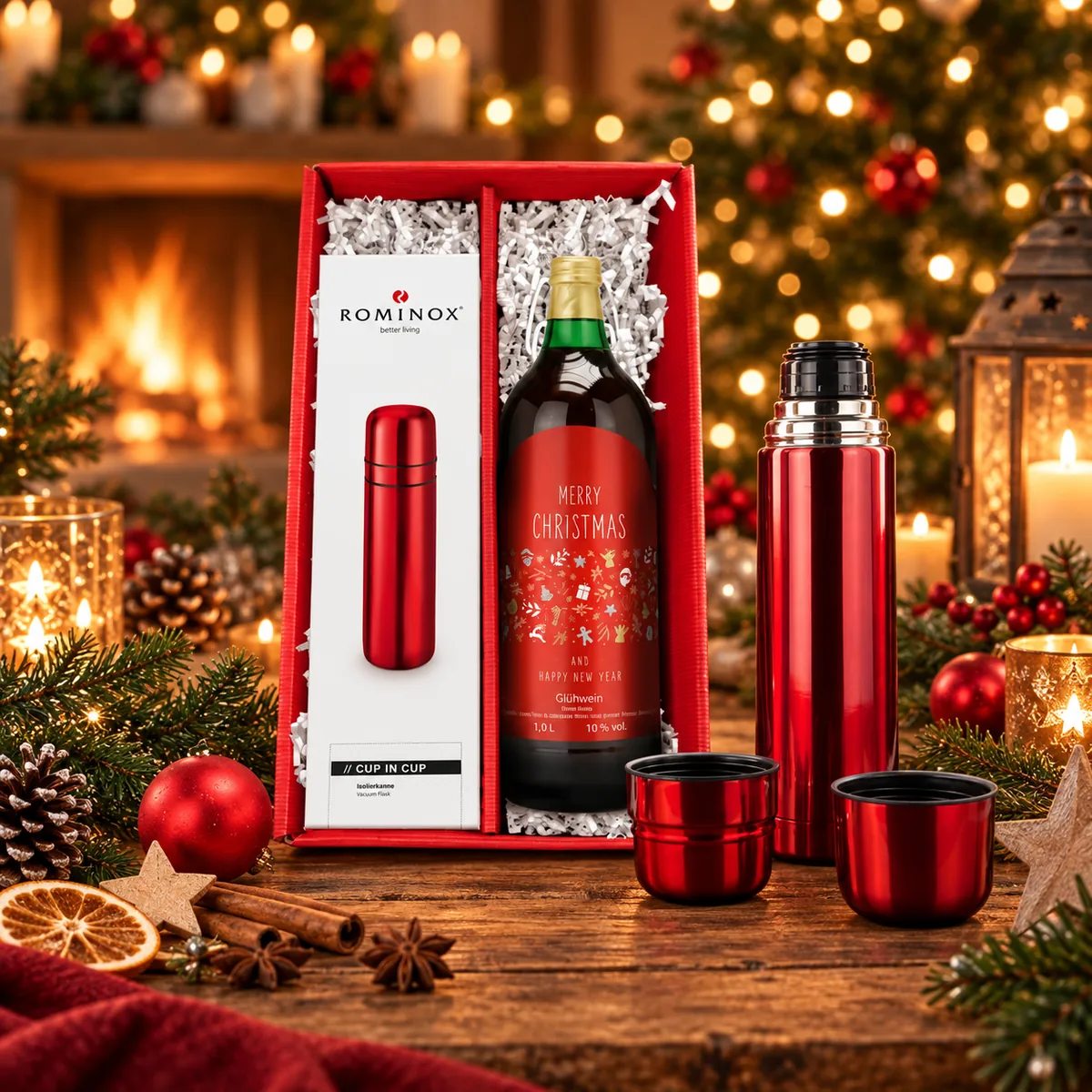 Roter Glühweinduft Geschenkset mit Glühwein und roter Thermoskanne als hochwertiges Weihnachtspräsent