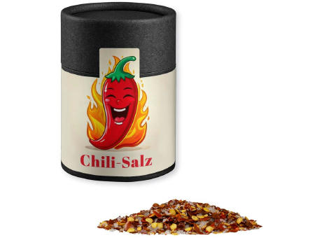 Gewürzmischung Chili-Salz, ca. 55g, Kraftpapierdose Midi schwarz Werbeartikel