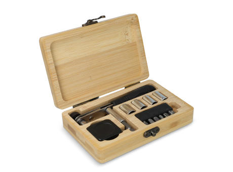 13-teiliges Werkzeugset in Bambusbox Werbeartikel
