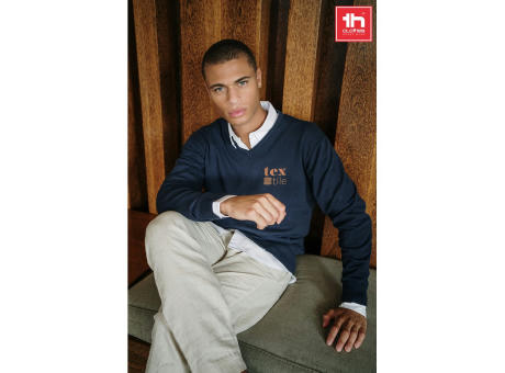 THC MILAN. Herren-Pullover mit V-Ausschnitt aus Baumwolle und Polyamid bedrucken