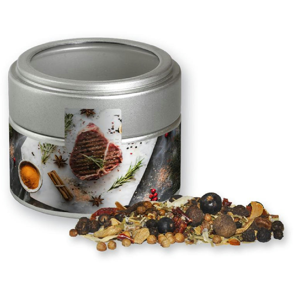 Weihnachts Gewürzmischung Wild, ca. 50g, Metalldose Mini mit Sichtfenster silber Werbeartikel