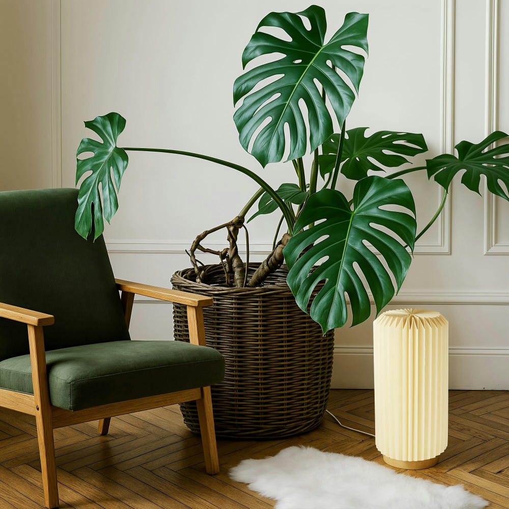 Coollux faltbare Papier-LED-Lampe Aurora Tall auf Holzsockel, 32cm Werbeartikel