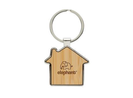 Schlüsselring Haus aus RCS rec. Zinklegierung mit Bambus Werbeartikel