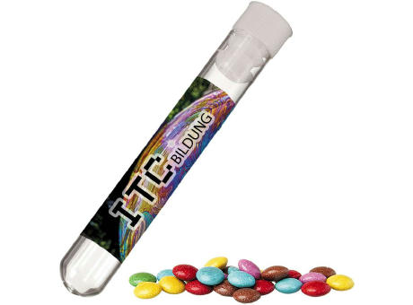 Bunte Schokolinsen, ca. 10g, Reagenzglas Werbeartikel