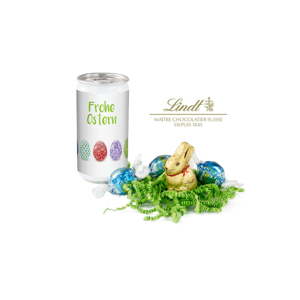 Geschenkartikel / Präsentartikel: Lindt-Oster-Überraschung, Das Nest in der Dose - Etikett Frohe Ostern - EierWiese Werbeartikel
