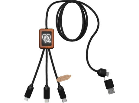 Product image SCX.design C38 40W 5-in-1 Ladekabel aus rPET in quadratischem Bambusgehäuse mit Leuchtlogo Werbeartikel