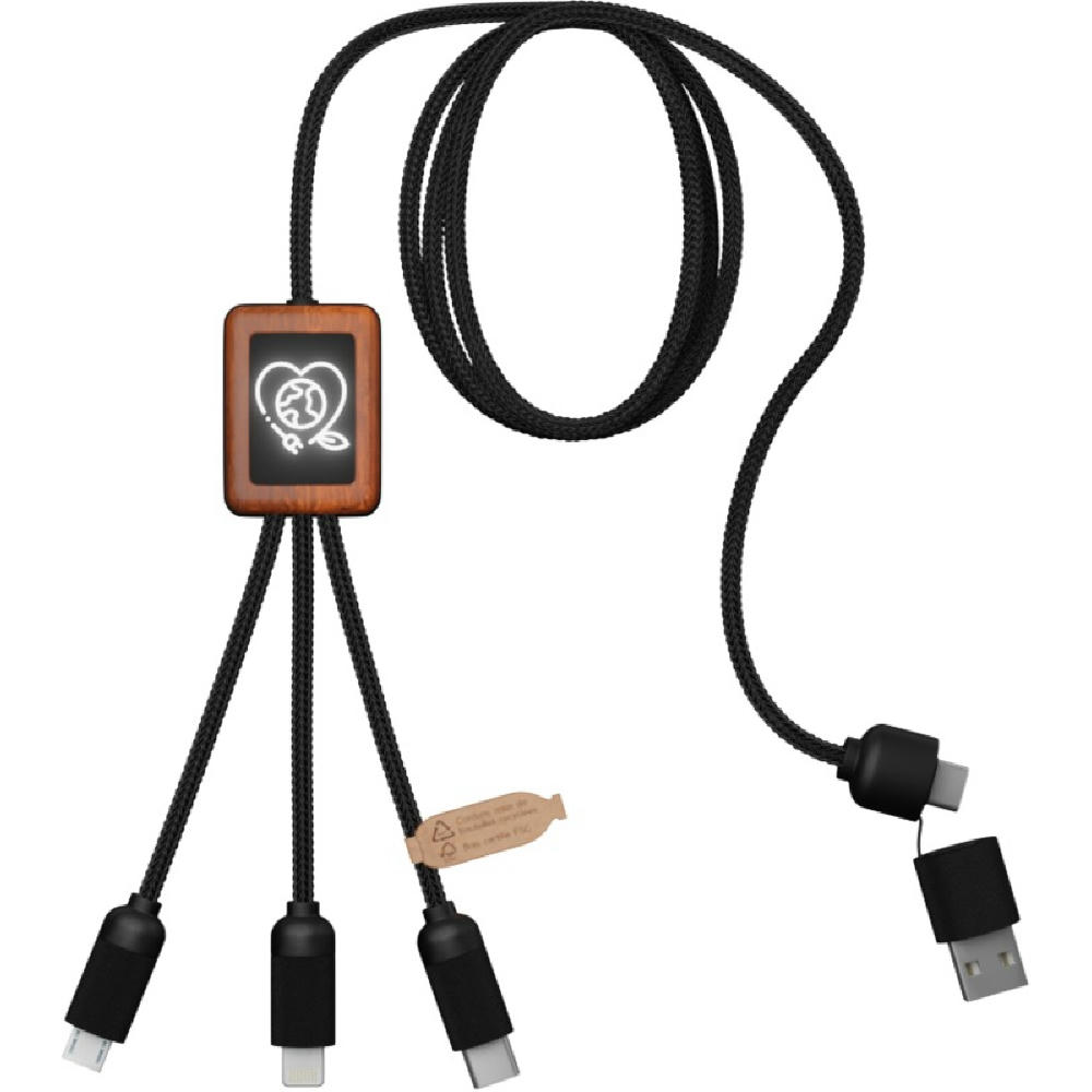 Product image SCX.design C38 40W 5-in-1 Ladekabel aus rPET in quadratischem Bambusgehäuse mit Leuchtlogo Werbeartikel