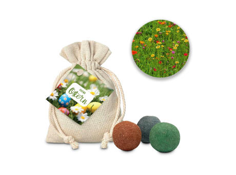Product image Geschenkartikel / Präsentartikel: Oster-Blumenwiese, 3 Saatkugeln im Säckchen Werbeartikel