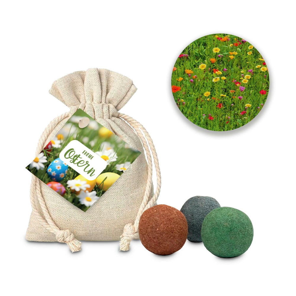 Product image Geschenkartikel / Präsentartikel: Oster-Blumenwiese, 3 Saatkugeln im Säckchen Werbeartikel