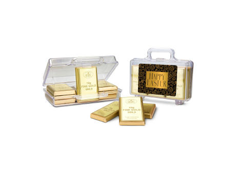 Product image Geschenkartikel / Präsentartikel: Frohe Ostern Goldkoffer mit 12 Goldbarren, Edelvollmilch-Schokolade (120 g) Werbeartikel