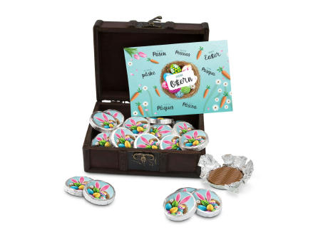 Geschenkartikel / Präsentartikel: Osterschatz, Schatztruhe mit 24 Vollmilch-Dublonen Werbeartikel