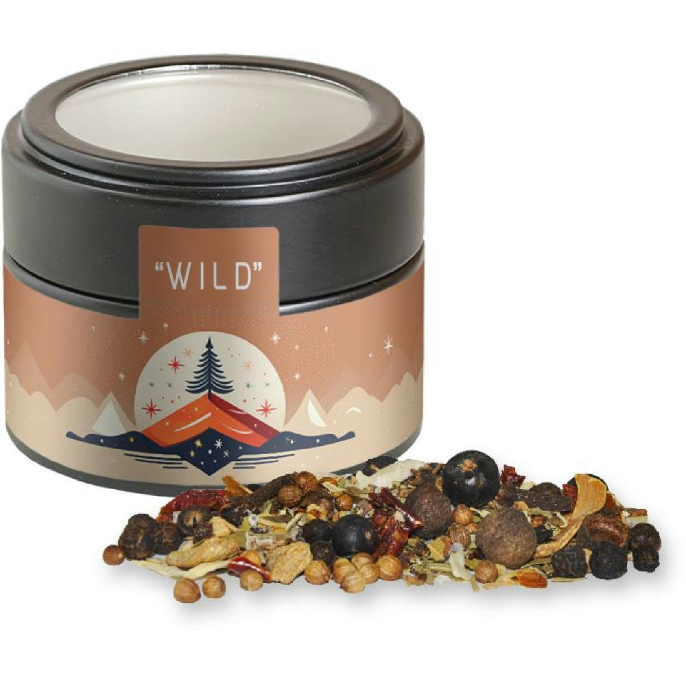Weihnachts Gewürzmischung Wild, ca. 50g, Metalldose Mini mit Sichtfenster schwarz Werbeartikel