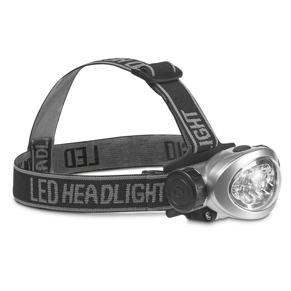 Product image Silberne LED-Stirnlampe STANY mit grauem Kopfband und doppeltem Riemen – Stirnlampe als Werbeartikel