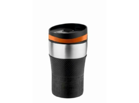 Product image Metmaxx® Thermobecher "CremaOfficina" silber/Manschette schwarz/Ring orange Werbeartikel