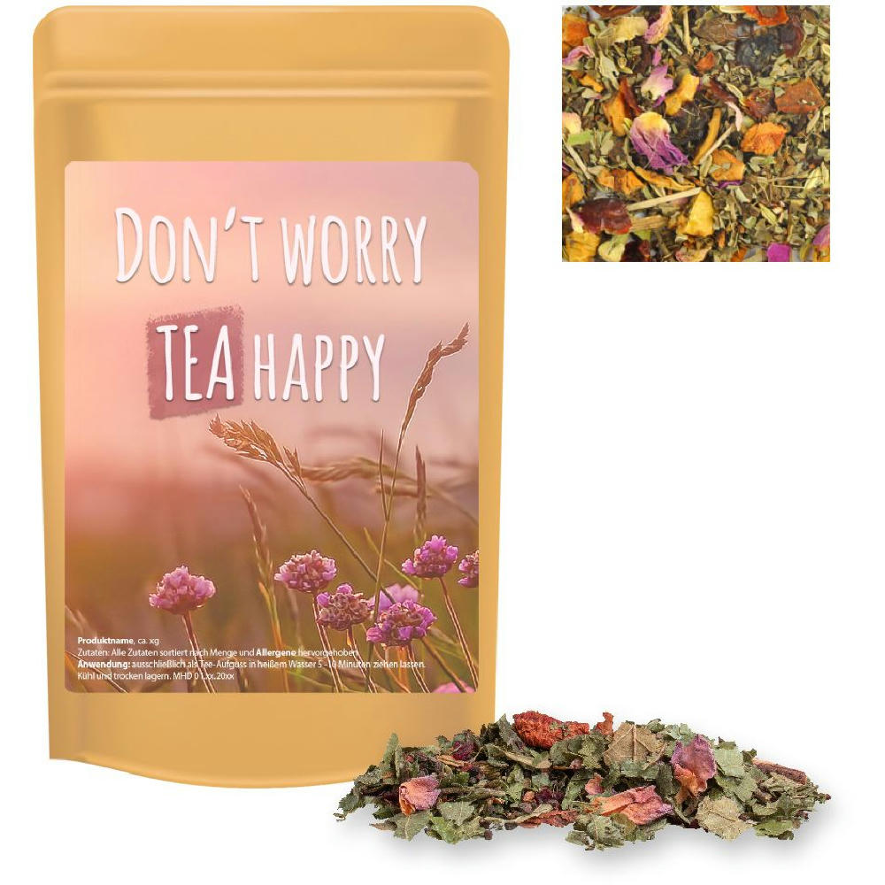 Product image Kräutertee Glücksgefühle, ca. 15g, Standbeutel Mini Werbeartikel