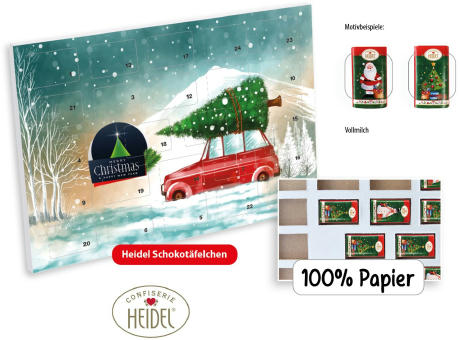 Tisch Adventskalender HEIDEL aus 100 % Papier individuell bedruckt,   72 g, Inhalt: Heidel Schokoladentäfelchen Werbeartikel