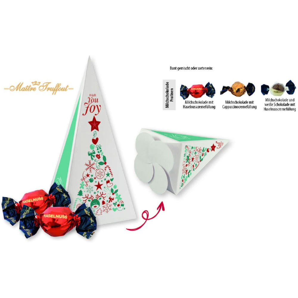 Product image Weihnachtspralinés in Motivkartonage "Tannenbaum", 8 Stück, Inhalt: Pralinen Milchschokolade mit Cappuccinocremefüllung Werbeartikel