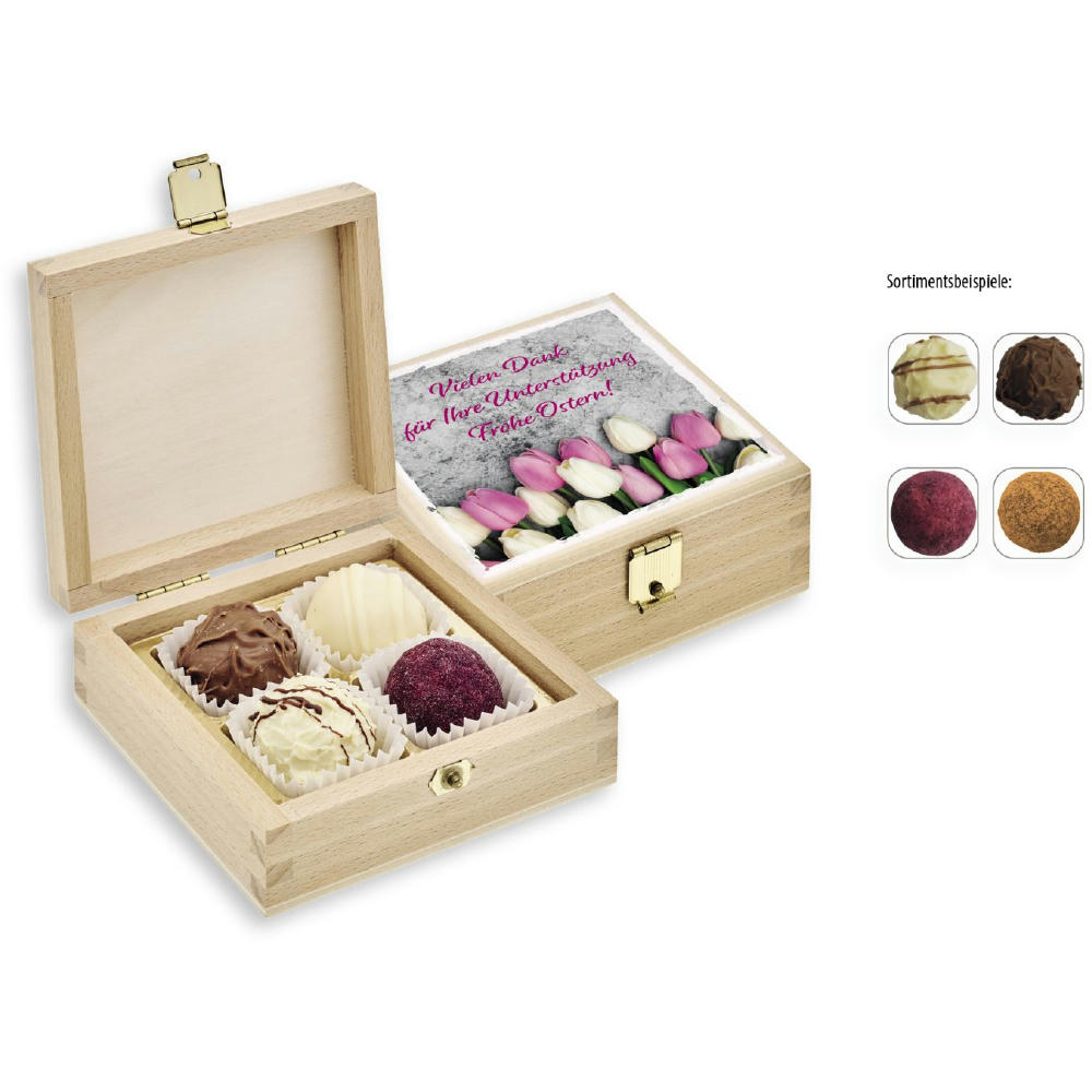 Product image 4er Pralinen-/Trüffelmix in Holzbox, 4 Stück, Inhalt: Pralinen/Trüffel mit Alkohol Werbeartikel