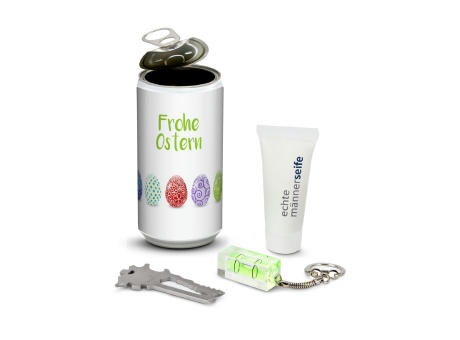 Geschenkset / Präsenteset: Männer-Geheimnis Ostern, das Nest in der Dose - Etikett Frohe Ostern - EierWiese Werbeartikel