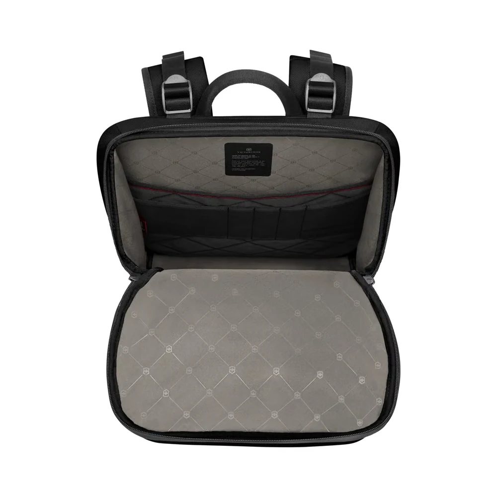 Victorinox Altmont Modern Commuter Backpack Schwarz, aufgeklapptes Hauptfach mit Organizer – Werbeartikel mit Stil