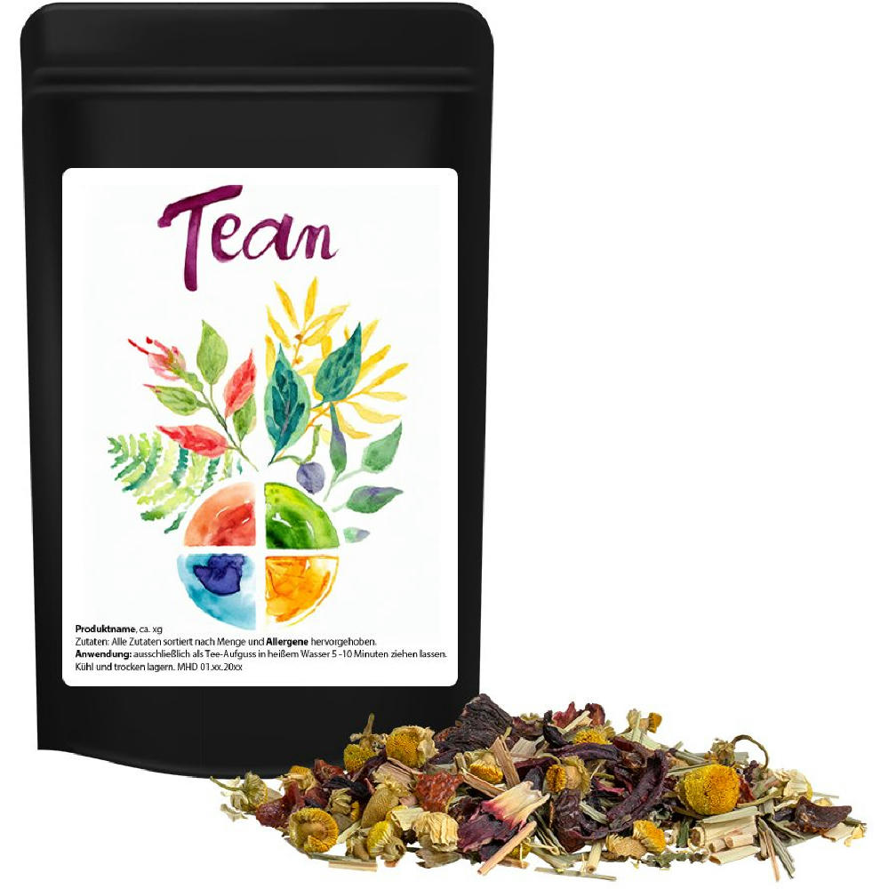 Product image Kräutertee Vierjahreszeiten, ca. 10g, Standbeutel Mini schwarz Werbeartikel