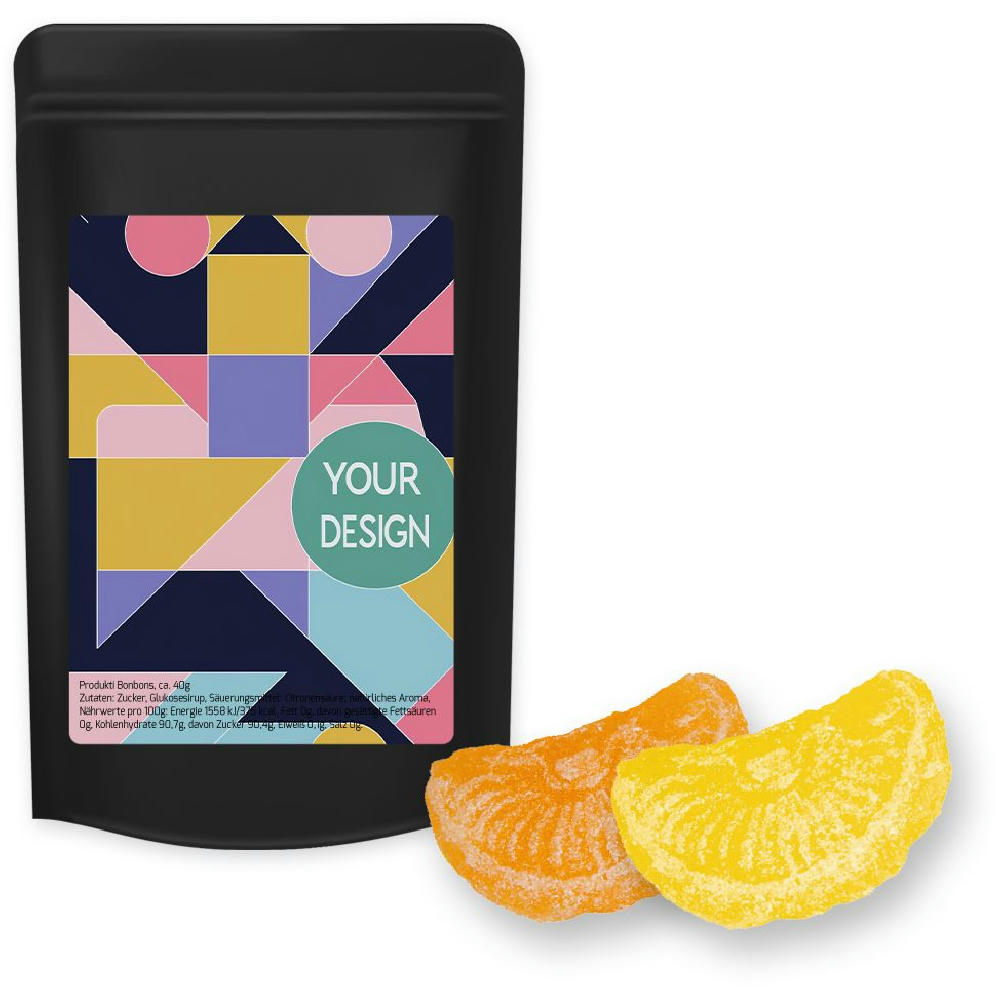 Product image Zitrone und Orangen Bonbons, ca. 80g, Standbeutel Midi schwarz Werbeartikel