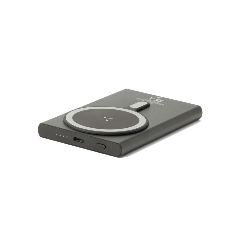 WRIGHT 5. Magnetische Powerbank mit Schnellladefunktion aus recyceltem Aluminium und recyceltem ABS, 5'000 mAh Werbeartikel