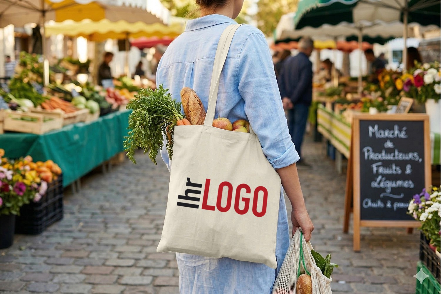 Frau nutzt MADRAS 140 Baumwolltasche beim Einkauf – umweltfreundlicher Werbeartikel mit Logo für Märkte und Promotion