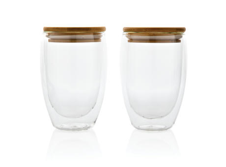 2-tlg Set Borosilikatgläser mit Bambusdeckel 350ml bedrucken