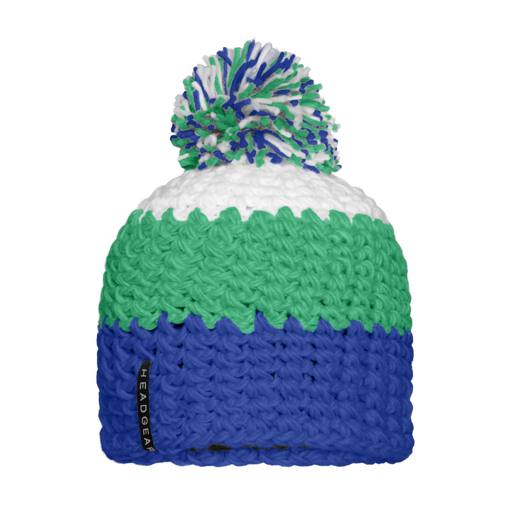 Product image Crocheted Cap with Pompon - Angesagte 3-farbige Häkelmütze mit Pompon Werbeartikel