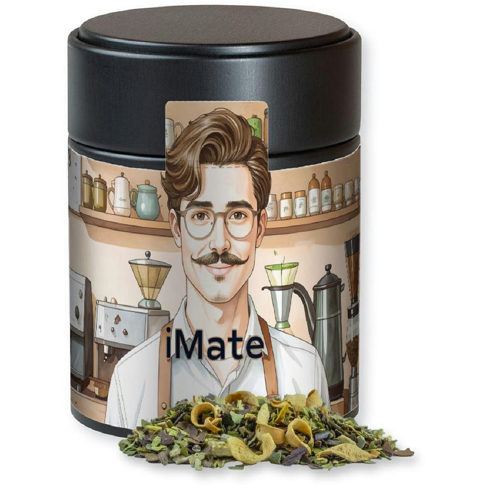 Product image Matetee Orange, ca. 40g, Metalldose Midi schwarz Werbeartikel