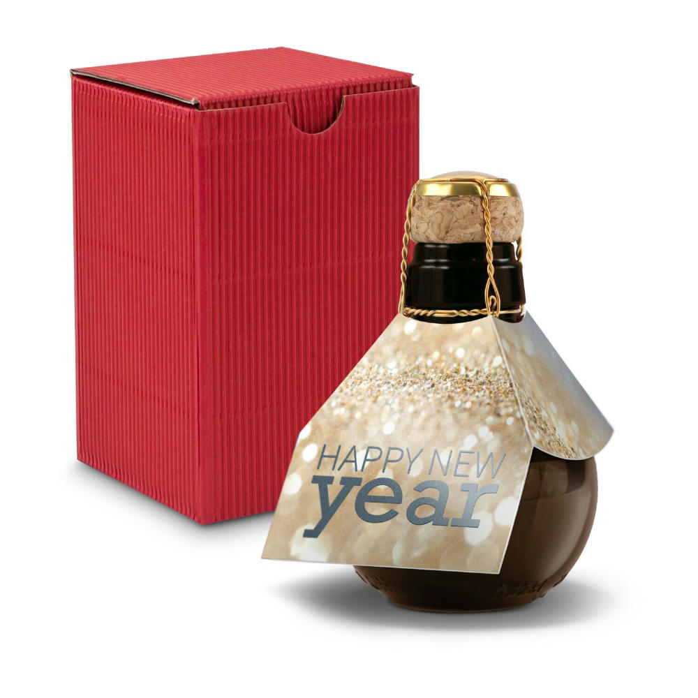 Kleinste Sektflasche der Welt! Happy New Year - Inklusive Geschenkkarton in Gelb, 125 ml Werbeartikel