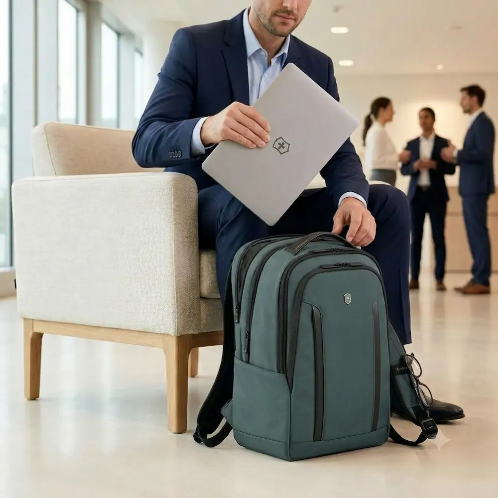 Victorinox Altmont Compact Laptop Backpack im Einsatz, Mann sitzt und entnimmt Laptop aus dem Rucksack, moderner Business-Rucksack als hochwertiger Werbeartikel mit Logo, praktische Nutzung im Alltag und unterwegs