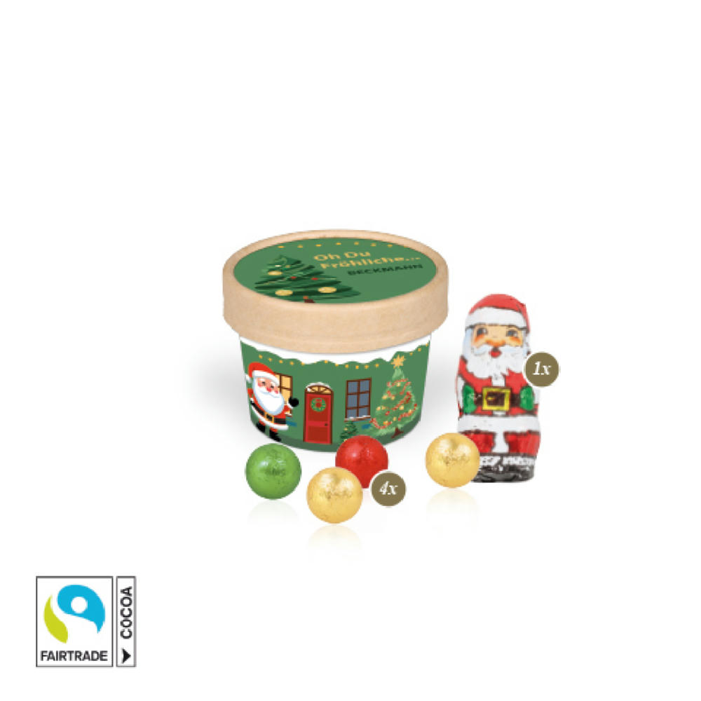 Runder FSC Papierbecher Christmas Paperbox individuell bedruckt mit Firmenlogo, gefüllt mit Fairtrade Schoko-Weihnachtsmann und 4 Schokokugeln