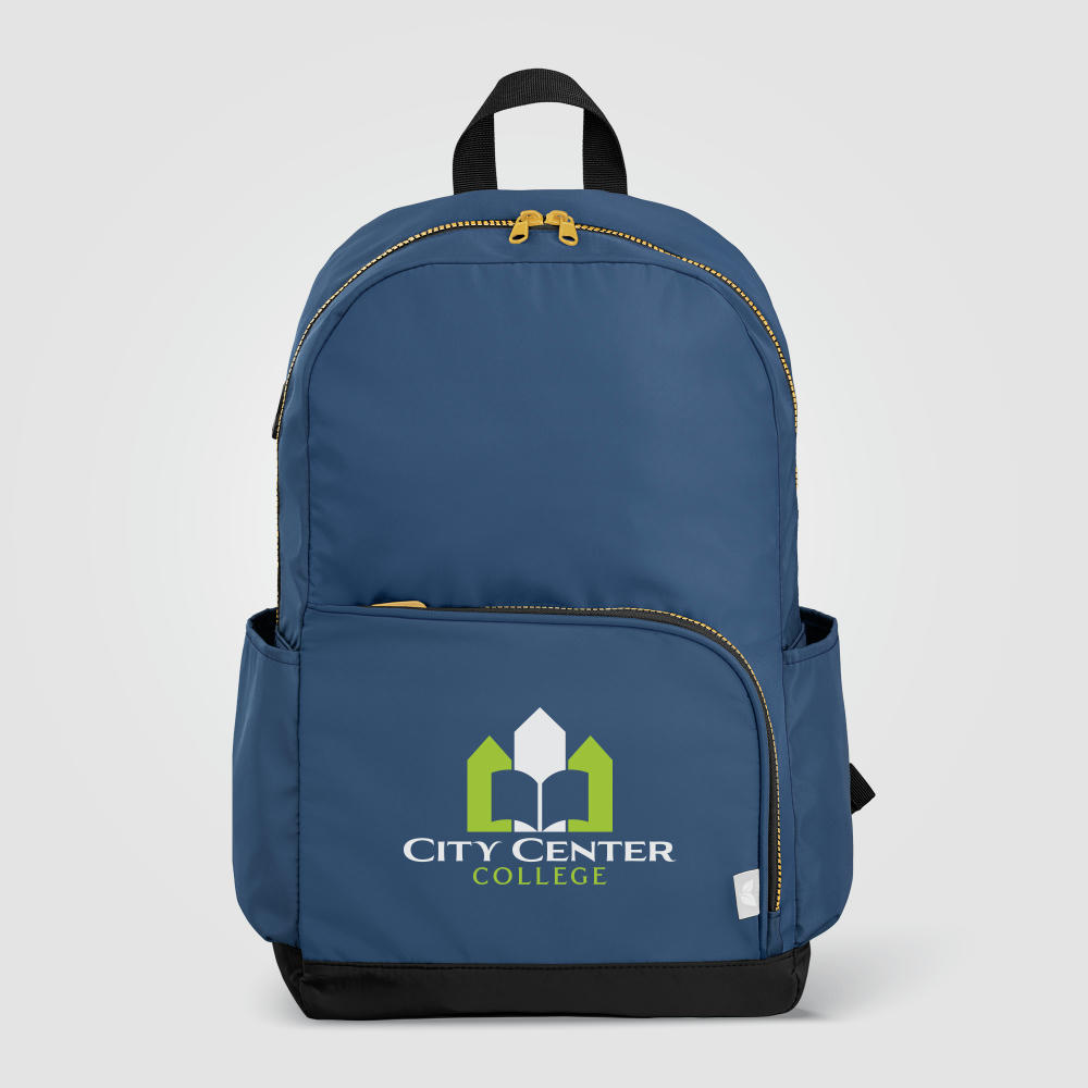 Kora Laptop-Rucksack mit zwei Fächern und goldfarbenem Reißverschluss für 15-Zoll-Laptops aus rPET – 20 L Werbeartikel