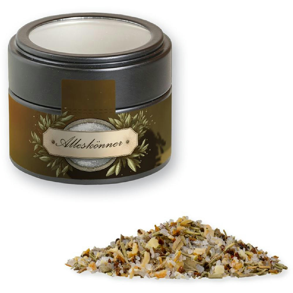 Gewürzmischung Alleskönner, ca. 60g, Metalldose Mini mit Sichtfenster schwarz Werbeartikel