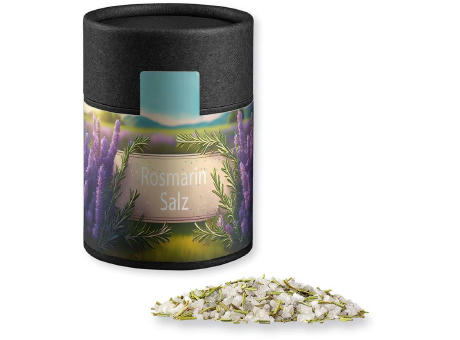 Gewürzmischung Rosmarin-Salz, ca. 90g, Kraftpapierdose Midi schwarz Werbeartikel