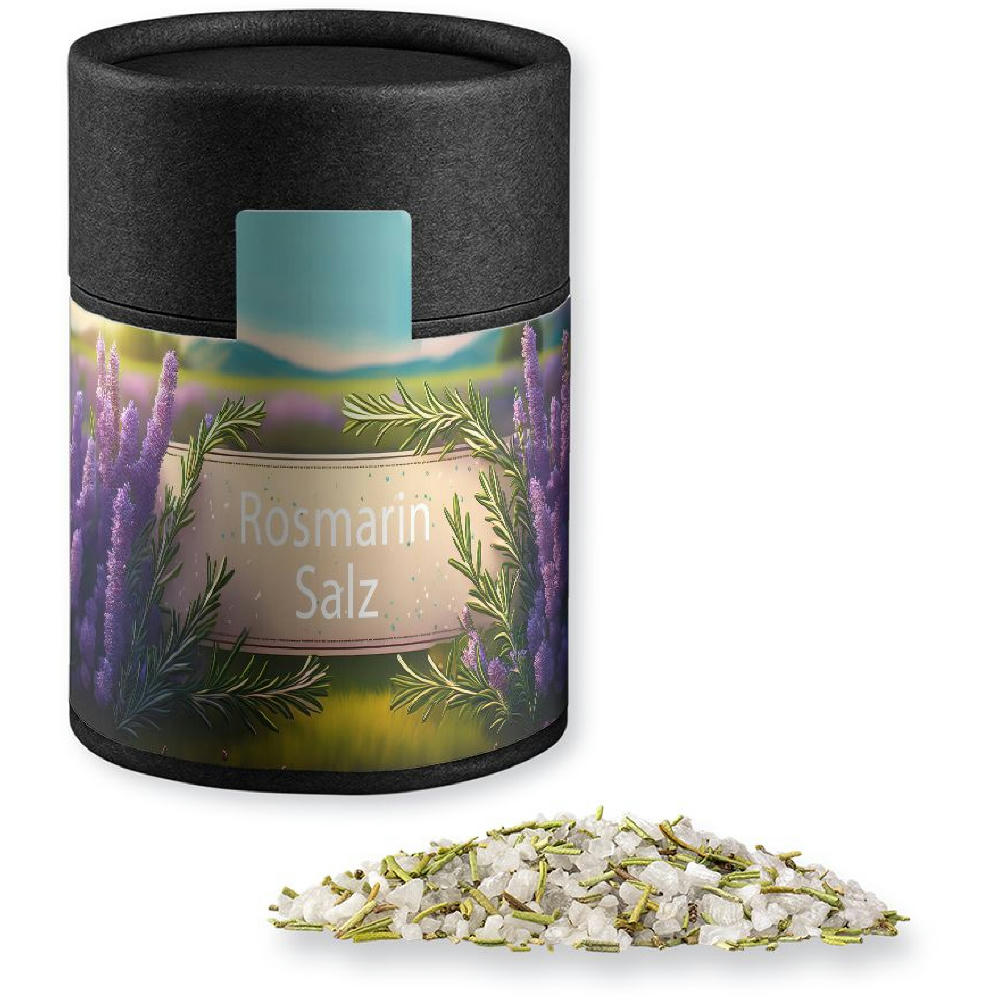 Product image Gewürzmischung Rosmarin-Salz, ca. 90g, Kraftpapierdose Midi schwarz Werbeartikel