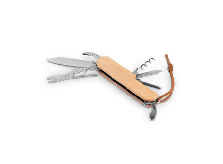 RYKER. Multifunktionales Taschenmesser aus Bambus und Edelstahl mit PU-Griff Werbeartikel