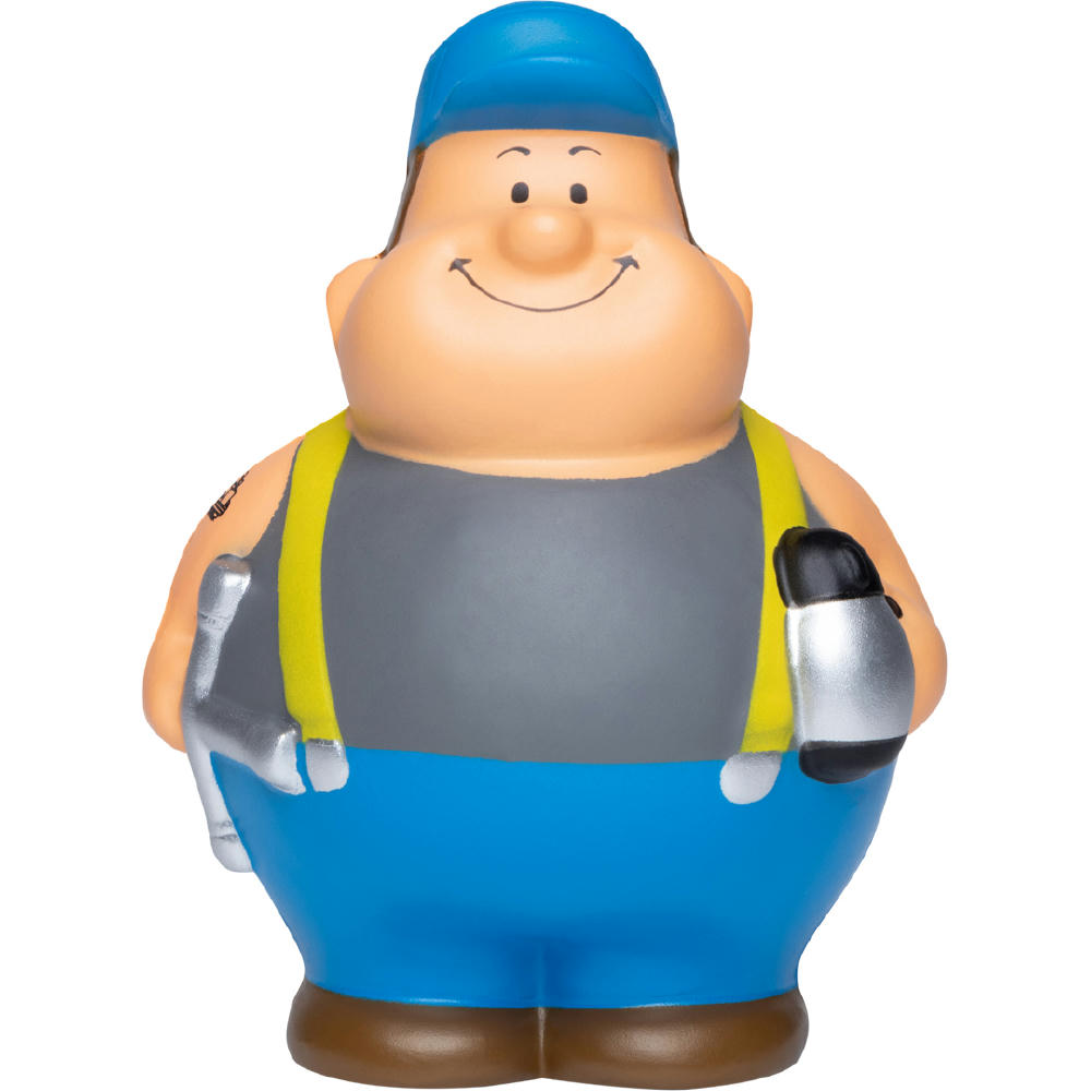 Product image Trucker Bert mit Hosenträgern, Radmutterschlüssel und Kaffeebecher – Anti-Stress-Figur als Werbeartikel für Speditionen
