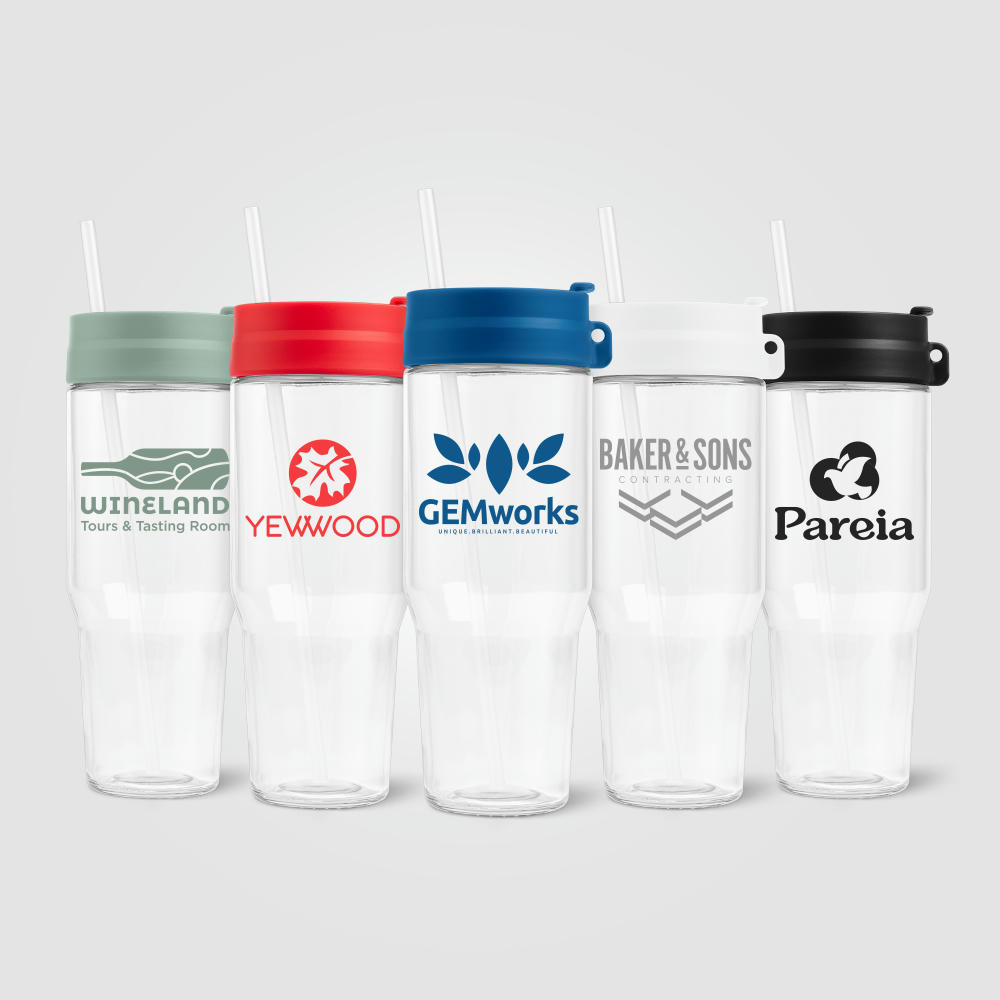 Polar Zweifarbiger Recycling-Glasbecher mit Trinkhalm - 1 L Werbeartikel