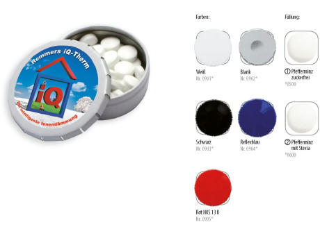 Klick-Dose-45, reflexblau 12 g, Inhalt: Pfefferminz-Pastillen; Stevia Werbeartikel