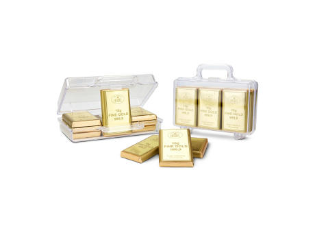 Product image Geschenkartikel / Präsentartikel: Goldkoffer mit 12 Goldbarren, Edelvollmilch-Schokolade (120 g) Werbeartikel