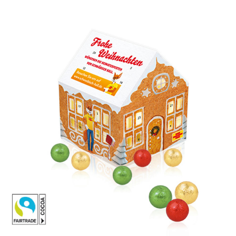 Adventskalender "Weihnachtshaus" Classic mit Fairtrade® Schokolade Werbeartikel