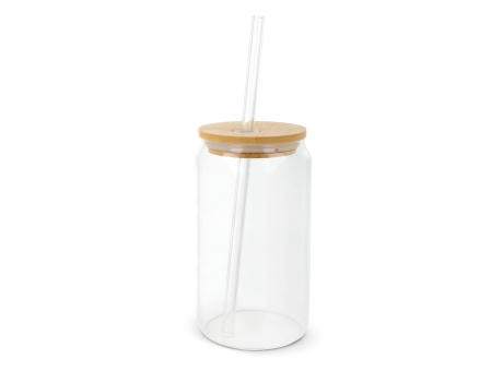 Product image Glas mit Bambusdeckel & Strohhalm 450ml Werbeartikel