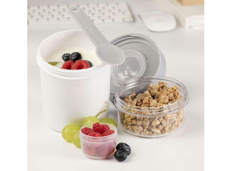 PAUSE! Der Müslibecher mit Cerealienfach für einen gesunden Start in den Tag! Werbeartikel