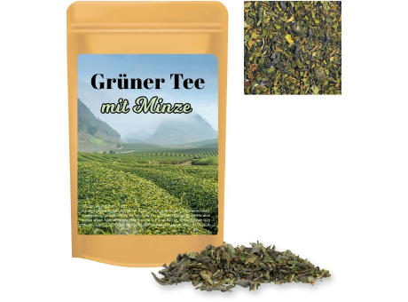 Product image Grüner Tee mit Minze, ca. 12g, Standbeutel Mini Werbeartikel