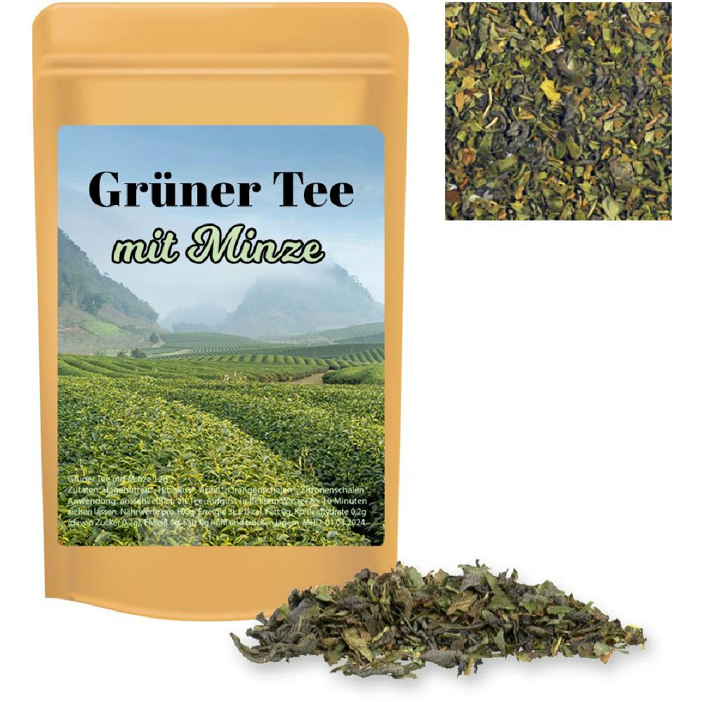 Product image Grüner Tee mit Minze, ca. 12g, Standbeutel Mini Werbeartikel