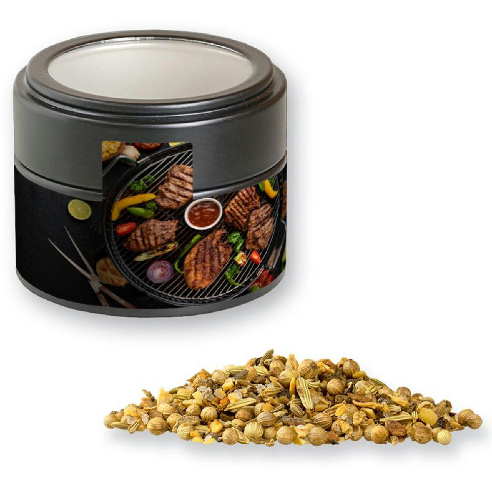 Gewürzmischung African BBQ, ca. 60g, Metalldose Mini mit Sichtfenster schwarz Werbeartikel