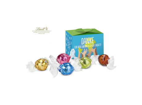 Product image Geschenkartikel / Präsentartikel: Lindt süßes Danke, Pralinenschachtel mit Globus, 5 Lindorkugeln für Ihre Mitarbeiter (ca. 75 g) bedrucken